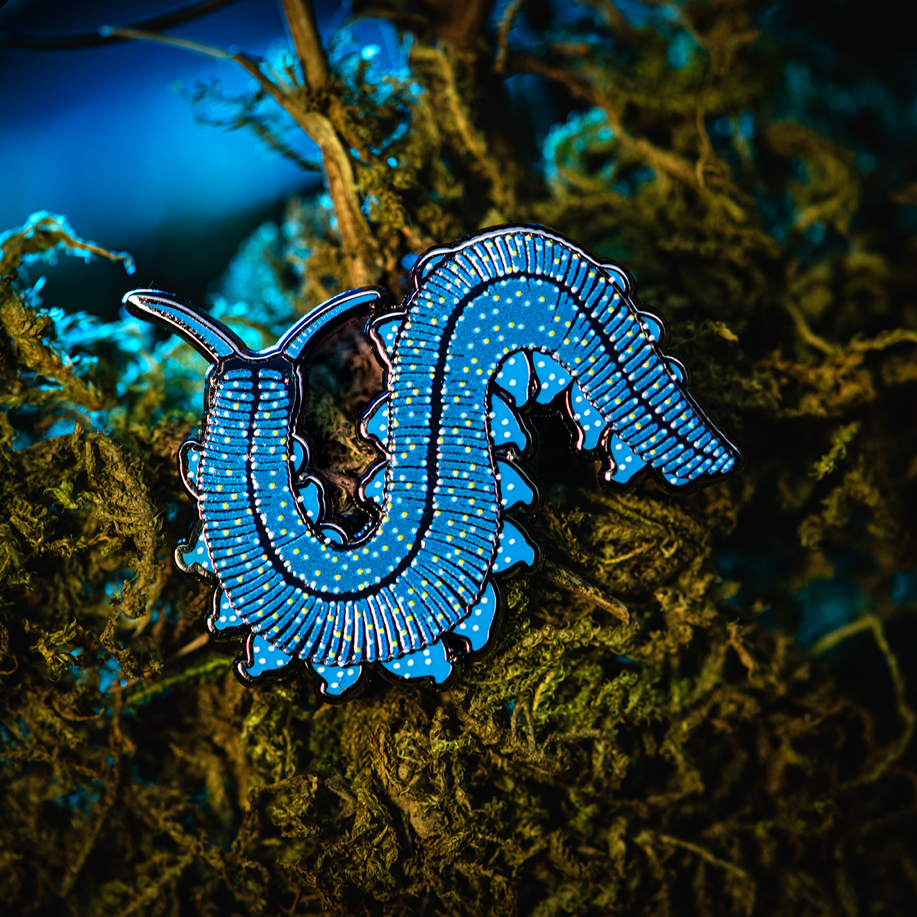 Tropical Blue Velvet Worm Enamel Pin