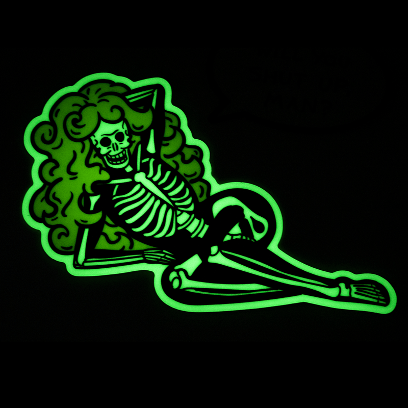 Betty Darling the sexy skeleton glowing green in the dark.