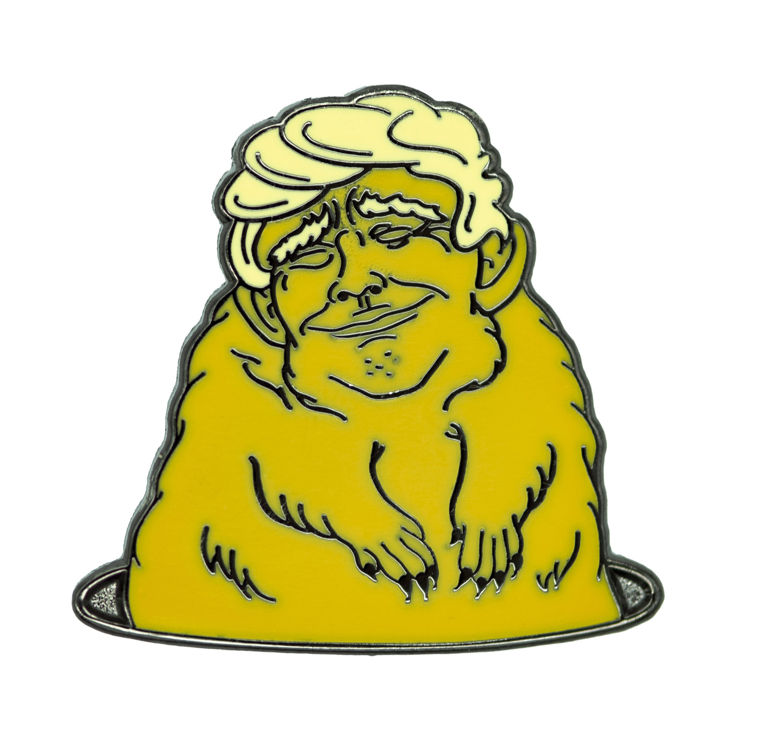 An enamel pin of an orange gopher with the face of Donald Trump, popping out of a hole.