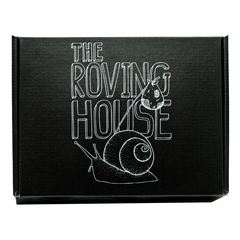 A black cardboard box with the Roving House Snail logo in white.