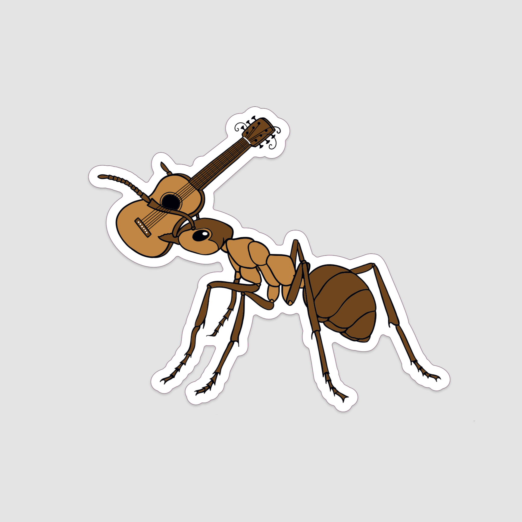 A vinyl sticker of a brown wood ant carrying an acoustic guitar.