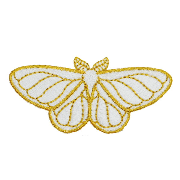 A small, fuzzy embroidered patch of a white and gold moth.