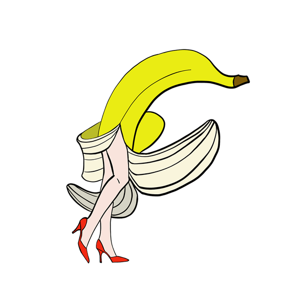 A sticker of a yellow banana peeling away to reveal a sexy woman's legs and red high heel shoes.