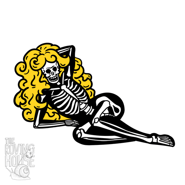 A sticker design of a skeleton with a big smile, lying back with one hand behind her bright yellow hair.