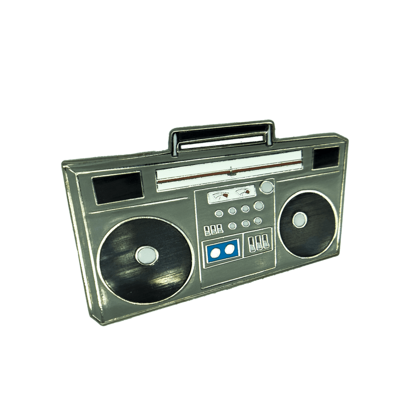 Retro boombox enamel pin with blue cassette by The Roving House