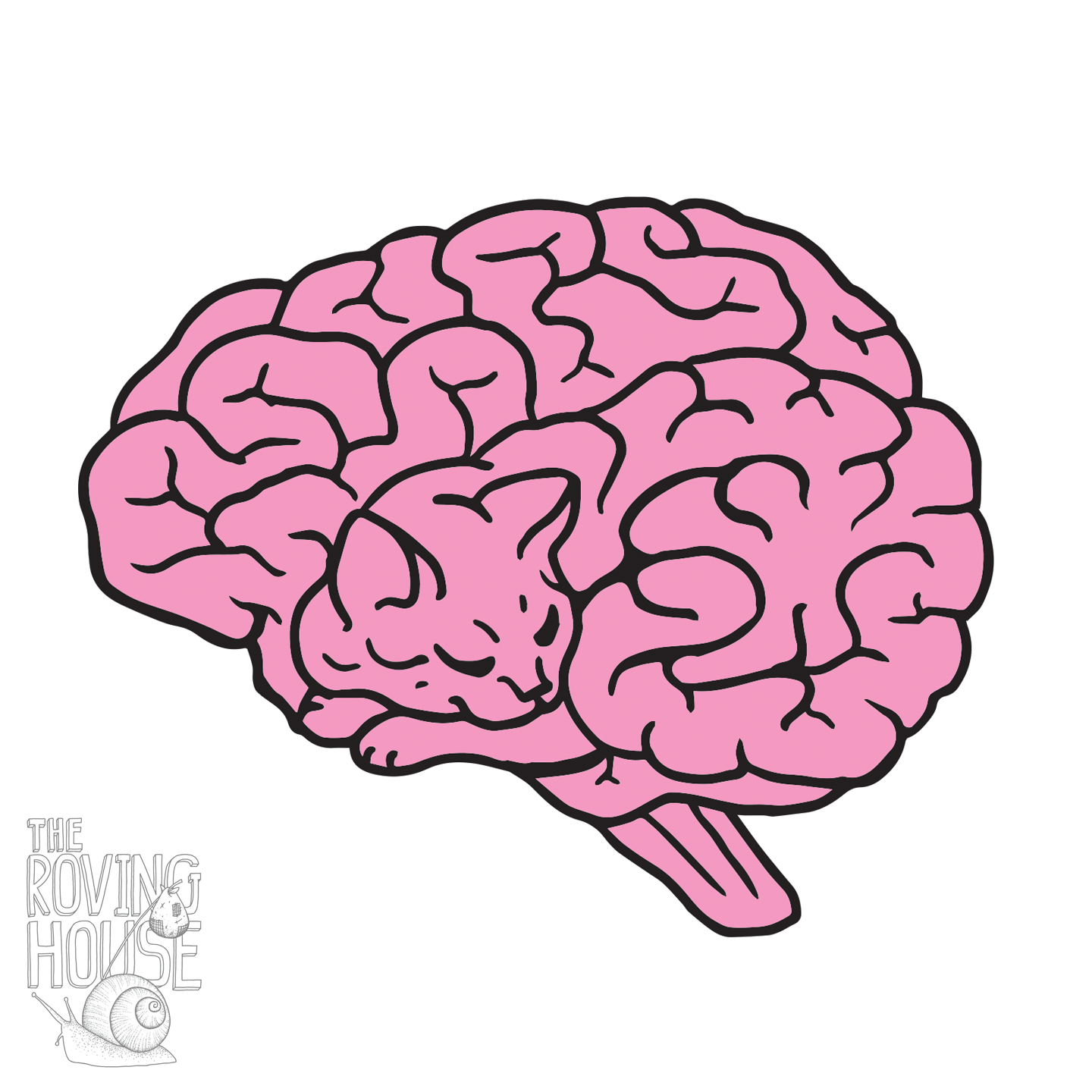 A hot pink and black matte vinyl sticker in the shape of a human brain. Upon closer inspection, the lines of the brain resemble a sleeping cat.