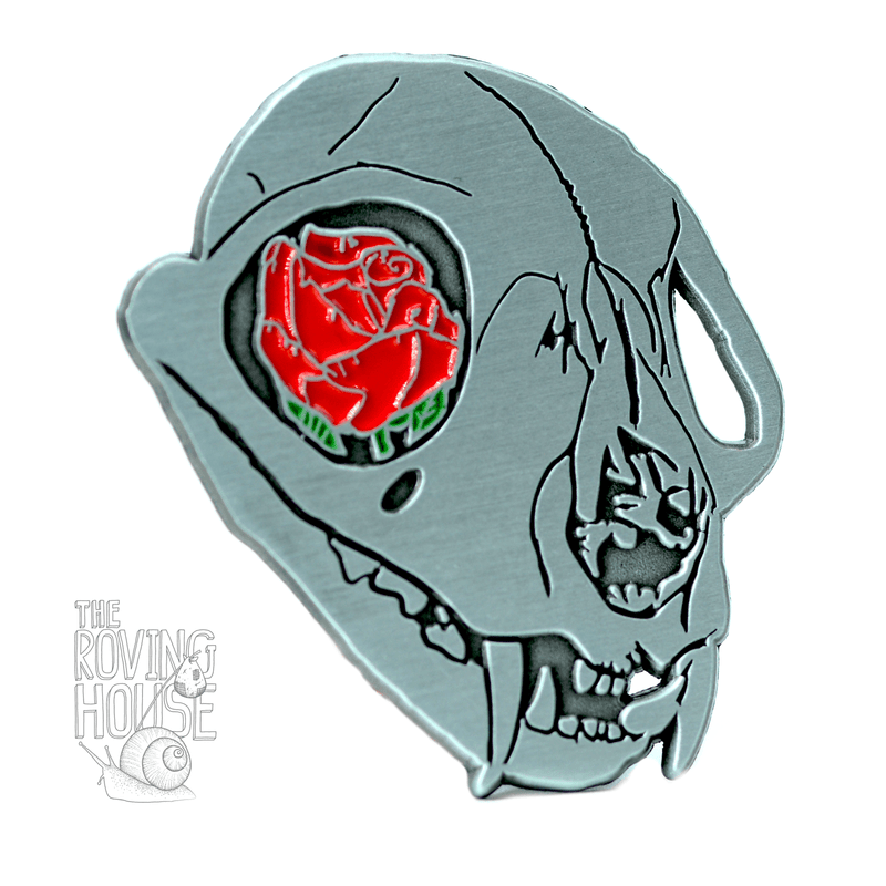 Cat Skull & Rose Antiqued Metal Pin