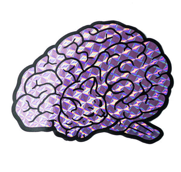 A shiny pink and black prismatic and holographic sticker in the shape of a human brain. Upon closer inspection, the lines of the brain resemble a sleeping cat.