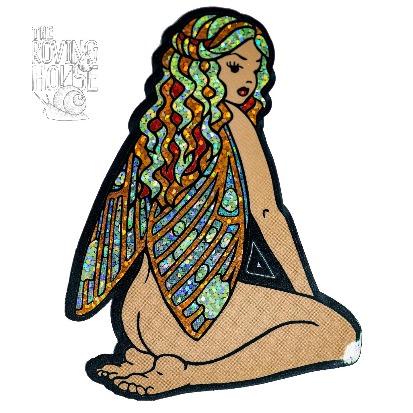 A sticker of a nude fairy with light brown skin and a slightly haughty expression, sitting down and looking back over her shoulder. She has red lips, red, yellow, and orange hair, and the yellow, orange, and grey wings of a Citheronia regalis moth. Her wings, hair, and lips glitter.
