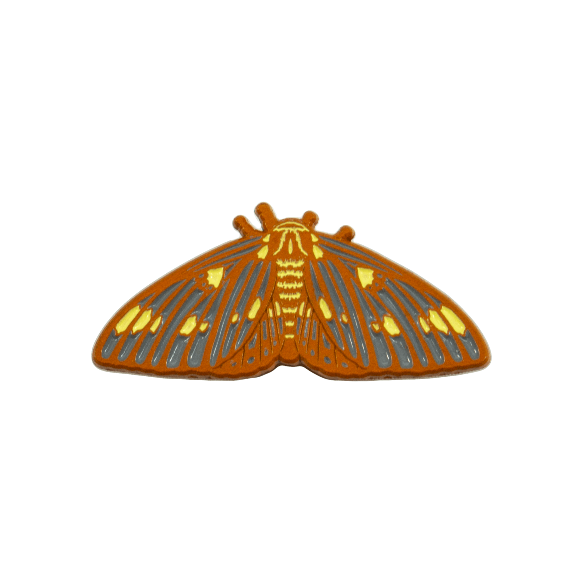 A brightly colored, orange, yellow, and grey Citheronia Regalis (Regal moth, Royal Walnut Moth) enamel pin on a plain white background.