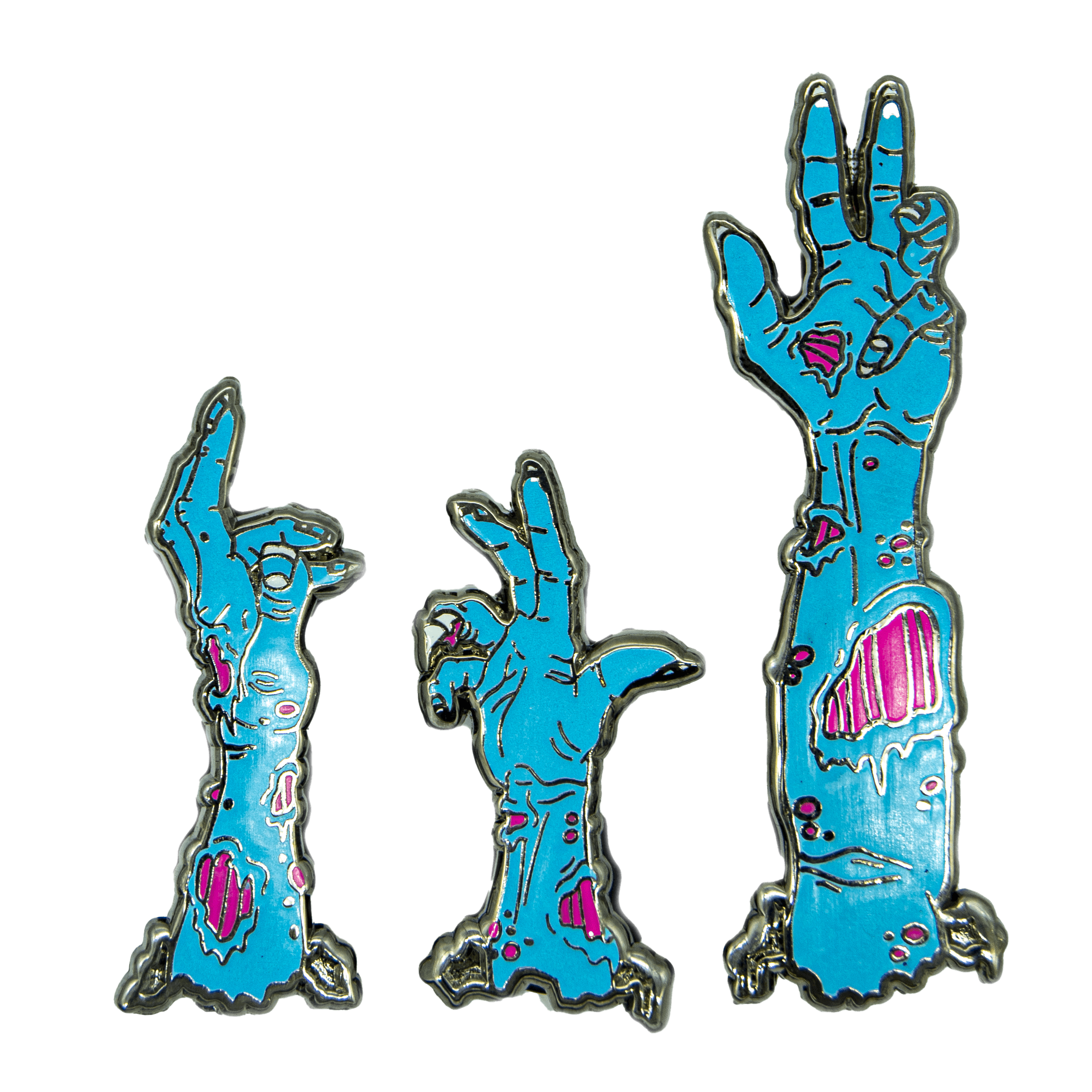 A set of three zombie arm pins, appearing to come up from the ground. Their skin is blue, and their flesh wounds are neon pink.