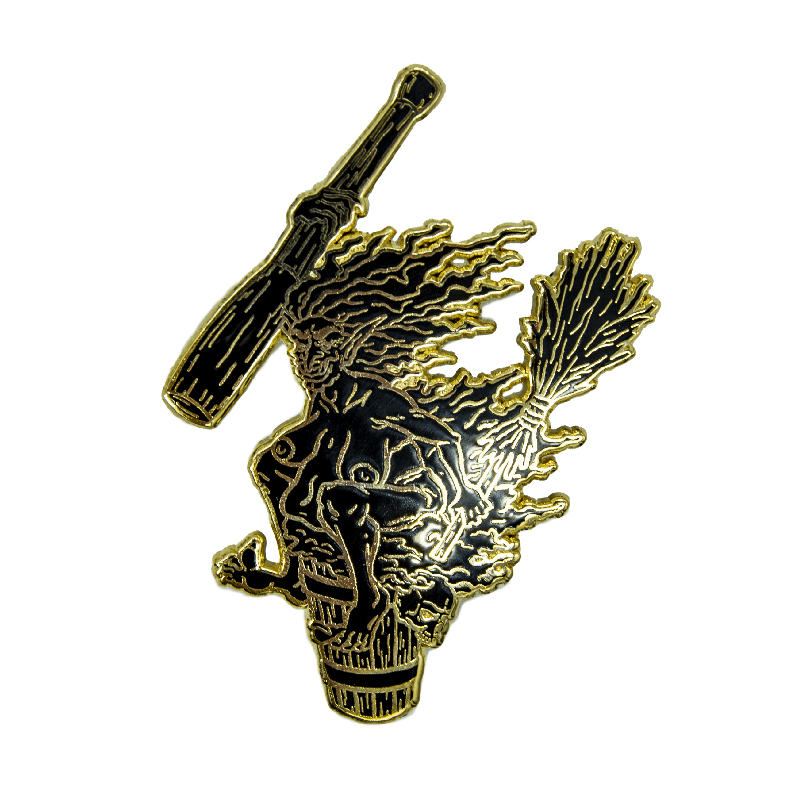 An enamel pin of Baba Yaga the crone witch, riding her mortar and pestle with broom in hand. She has taken off her clothing and sits on it with a wicked smile. The pin has a gold outline and all black fill.