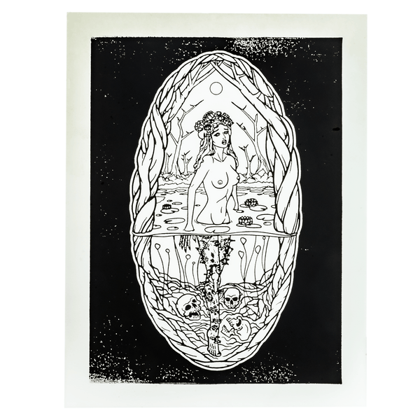 A black and white block print of a Rusalka standing in a swamp, with skulls at her feet.
