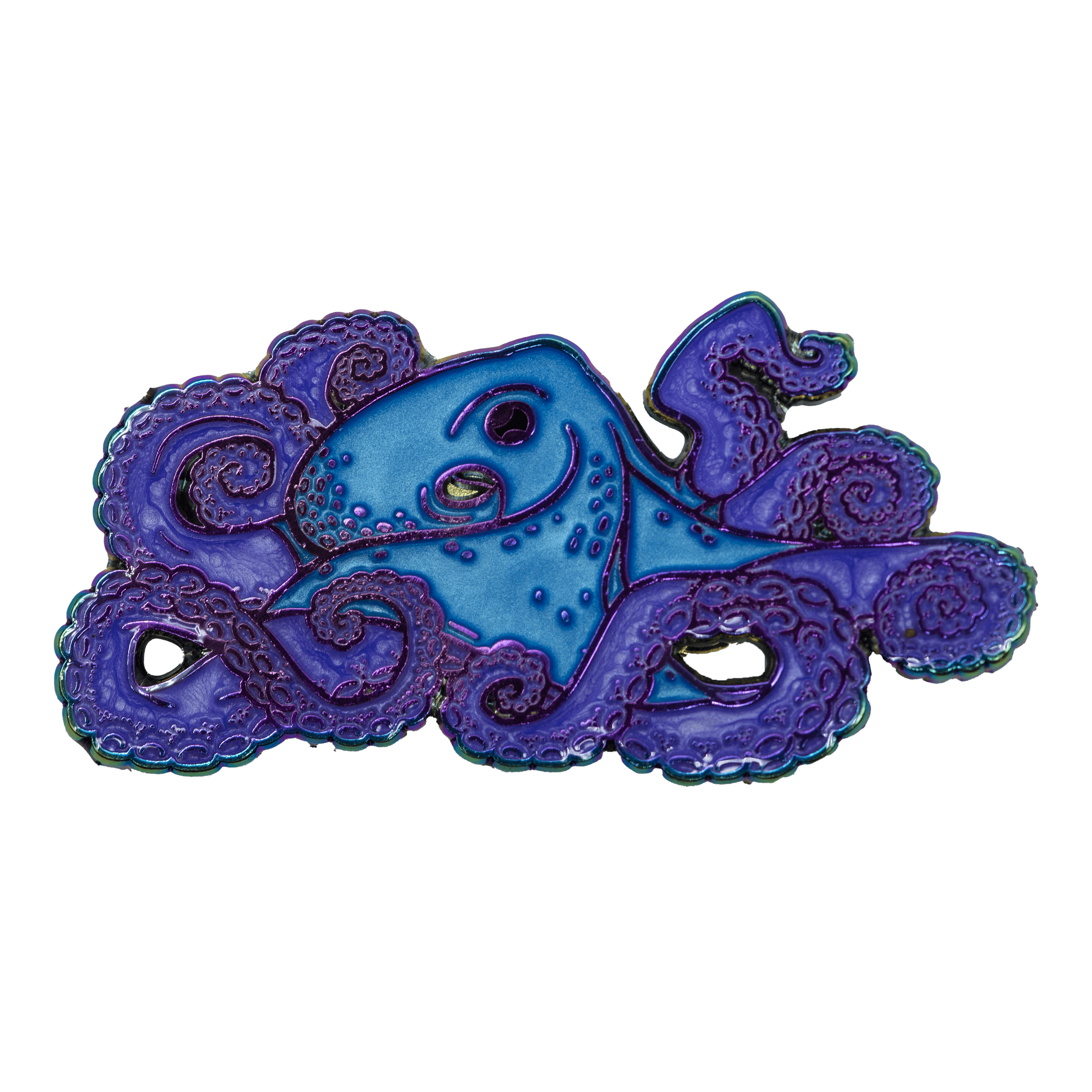 A large octopus enamel pin, featuring an anodized rainbow metal outline and shimmering, pearlescent blue and purple fill.