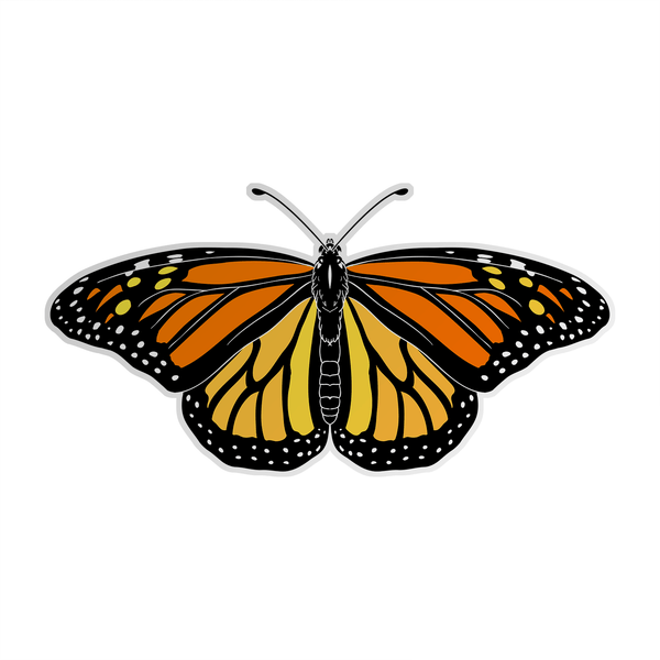 A vinyl sticker of a black, orange, and white monarch butterfly, with a silver outline.