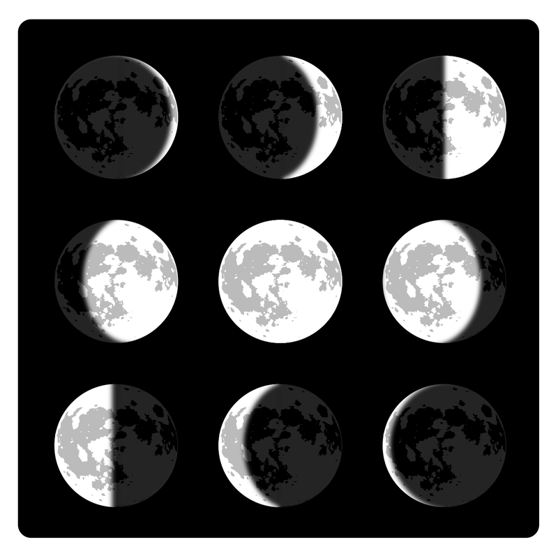 A black sticker sheet of nine different phases of the moon, from waxing to full to waning.