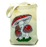 A small zippered canvas tote bag, featuring artwork of a snail carrying a bindle as he crawls over a trio of fly agaric mushrooms.