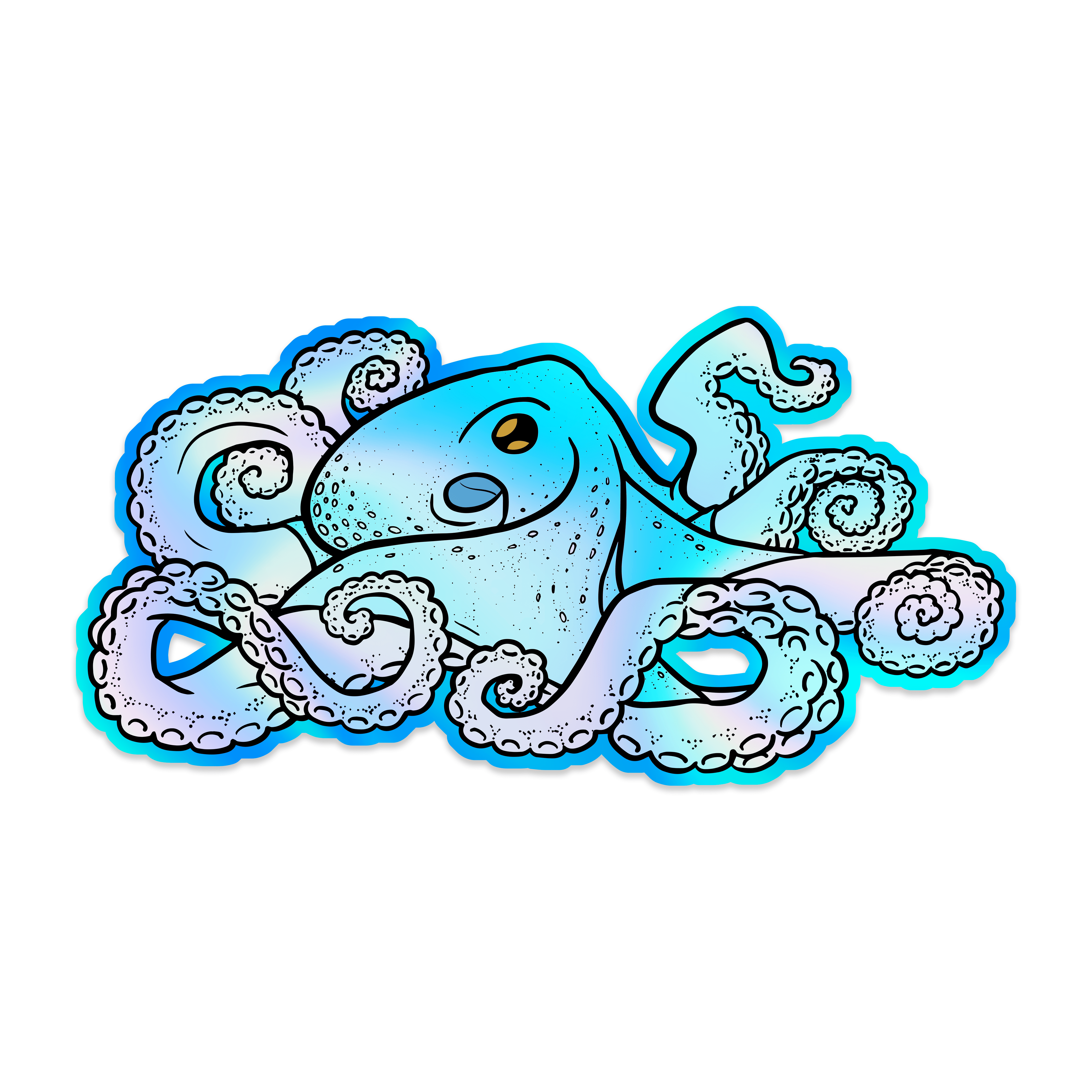 A shiny, rainbow holographic sticker of an octopus with blue skin and golden eyes.
