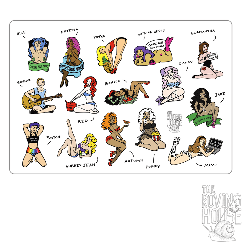 A sticker sheet featuring 15 of GMY$'s pin up pals.