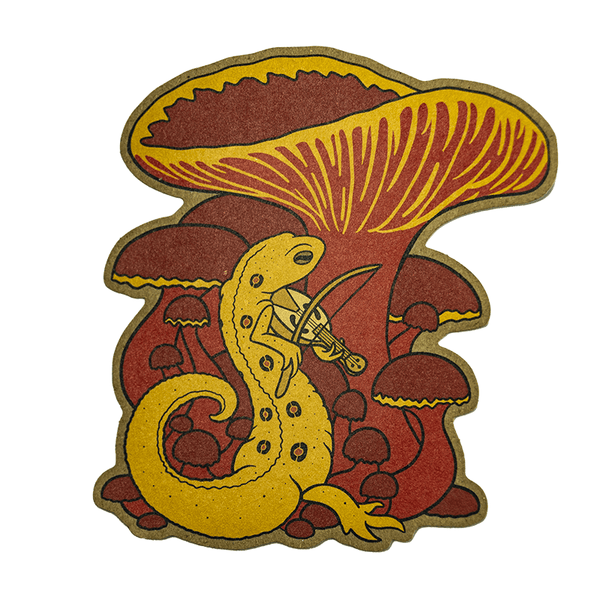 A brown kraft paper sticker of a red eft newt playing a stringed vielle under a tower of red and orange mushrooms.